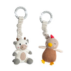 Living Textiles cow and chicken stroller toys with wooden rings, cotton knit baby play gym toys – 2 pack
