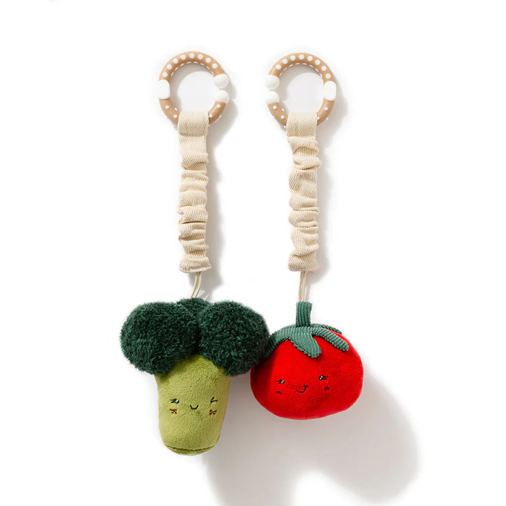 Living Textiles broccoli and tomato stroller toys with wooden rings, mini market plush baby toys – 2 pack