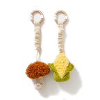 Living Textiles mushroom and corn stroller toys with wooden rings, mini market plush baby toys – 2 pack