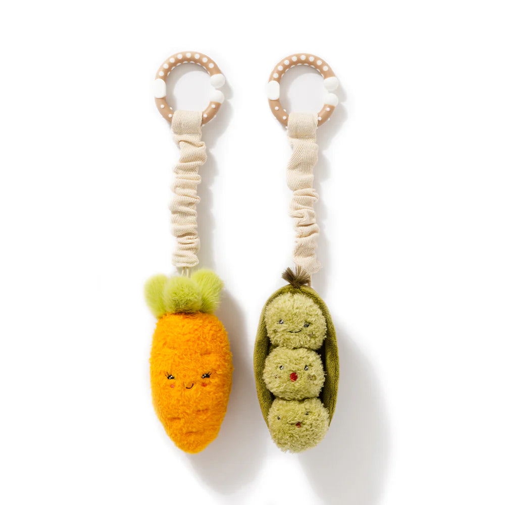 Living Textiles carrot and green peas stroller toys with wooden rings, mini market plush baby toys – 2 pack
