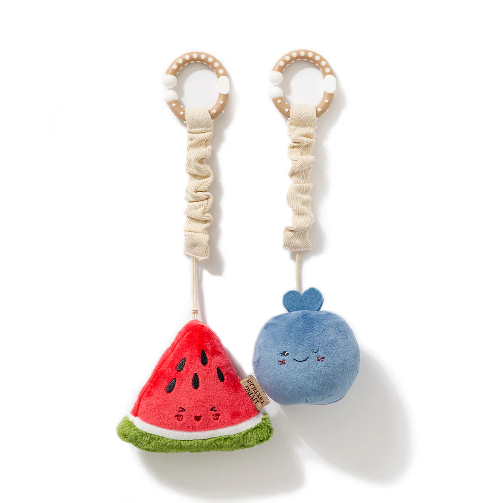 Living Textiles watermelon and blueberry stroller toys with wooden rings, mini market plush baby toys – 2 pack