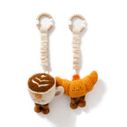 Living Textiles coffee and croissant stroller toys with wooden rings, mini market plush baby toys – 2 pack