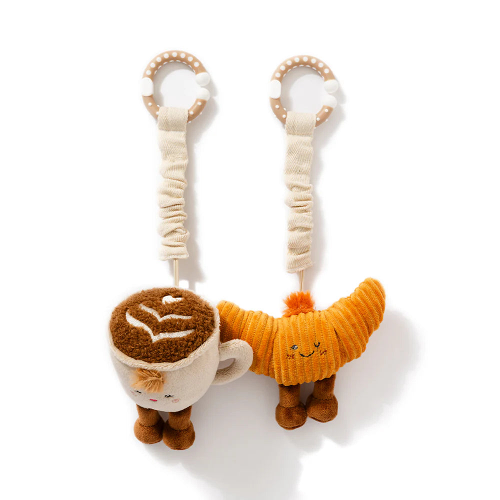 Living Textiles coffee and croissant stroller toys with wooden rings, mini market plush baby toys – 2 pack