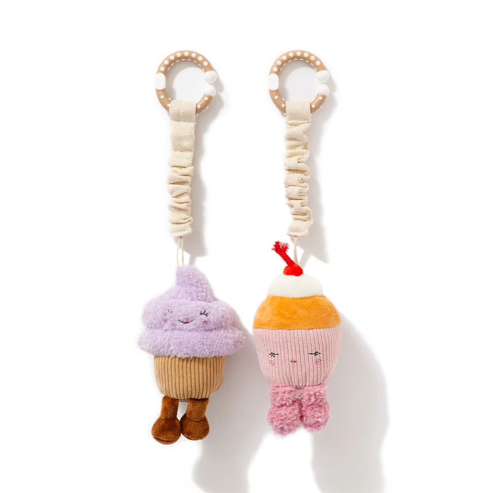 Living Textiles ice cream and cupcake stroller toys with wooden rings, mini market plush baby toys – 2 pack