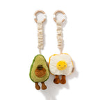 Living Textiles avocado and egg on toast stroller toys with wooden rings, mini market plush baby toys – 2 pack