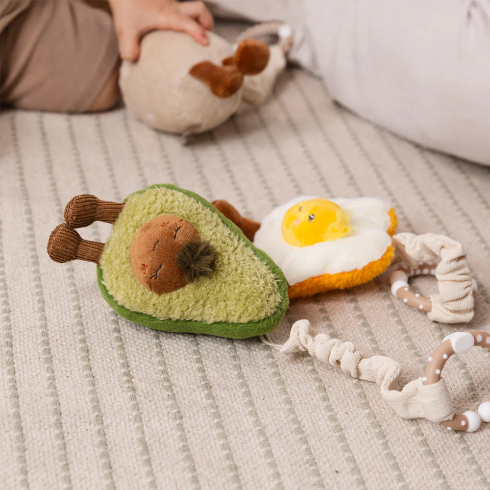 Living Textiles avocado and egg on toast mini market toys styled on play mat