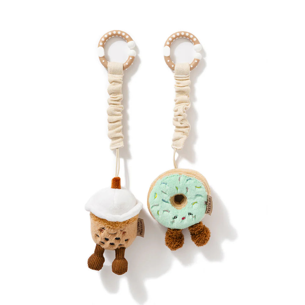 Living Textiles boba tea and donut stroller toys with wooden rings, mini market plush baby toys – 2 pack