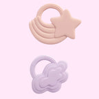 Two pink and purple silicone baby teething toys on a white background