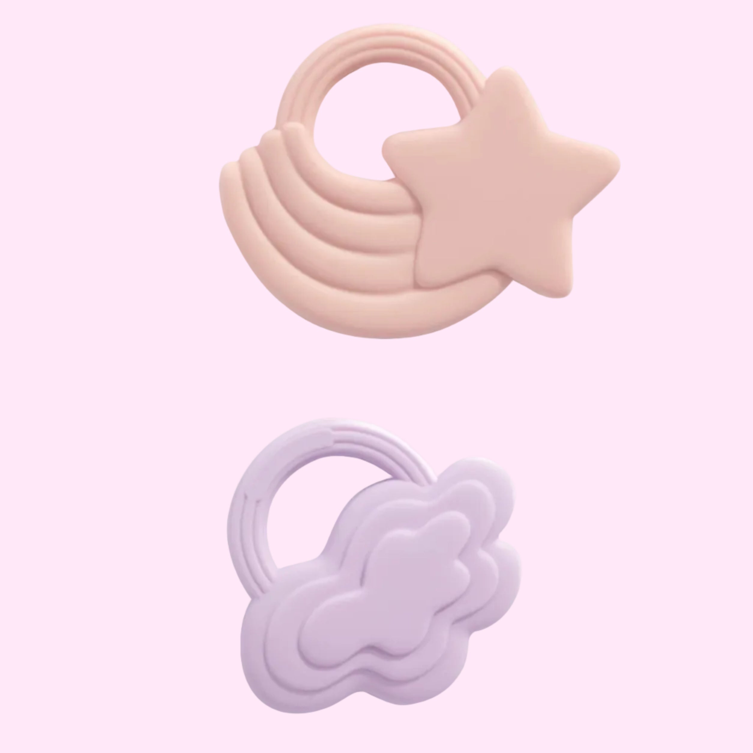 Two pink and purple silicone baby teething toys on a white background