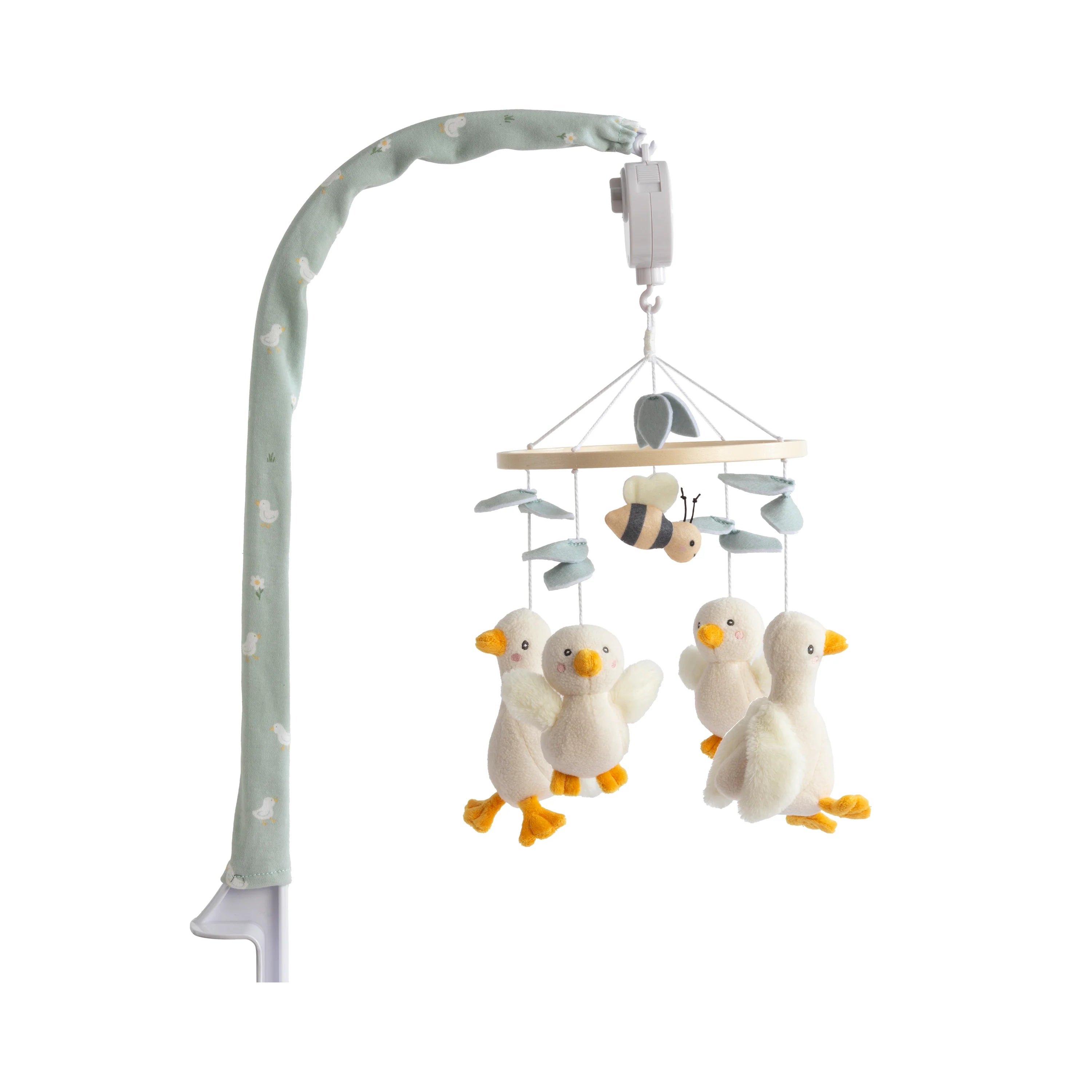Baby mobile with plush ducks and a bee on a light gray background