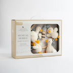 Musical mobile packaging with toy ducks on a white background