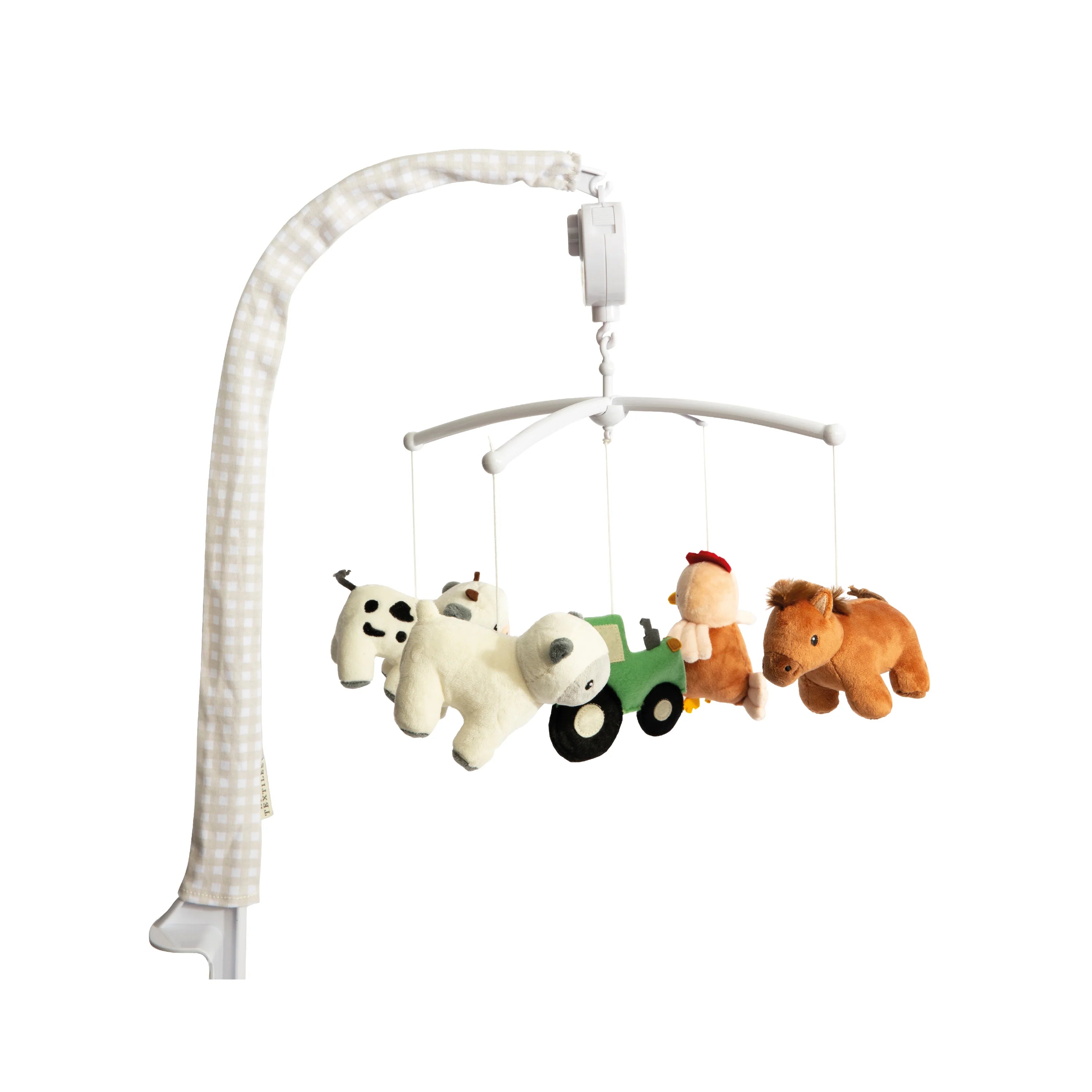 Children's mobile with plush animals on a white background