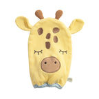 Yellow bath mitt with giraffe design on a white background