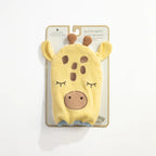 Yellow bath mitt with giraffe design on a white background