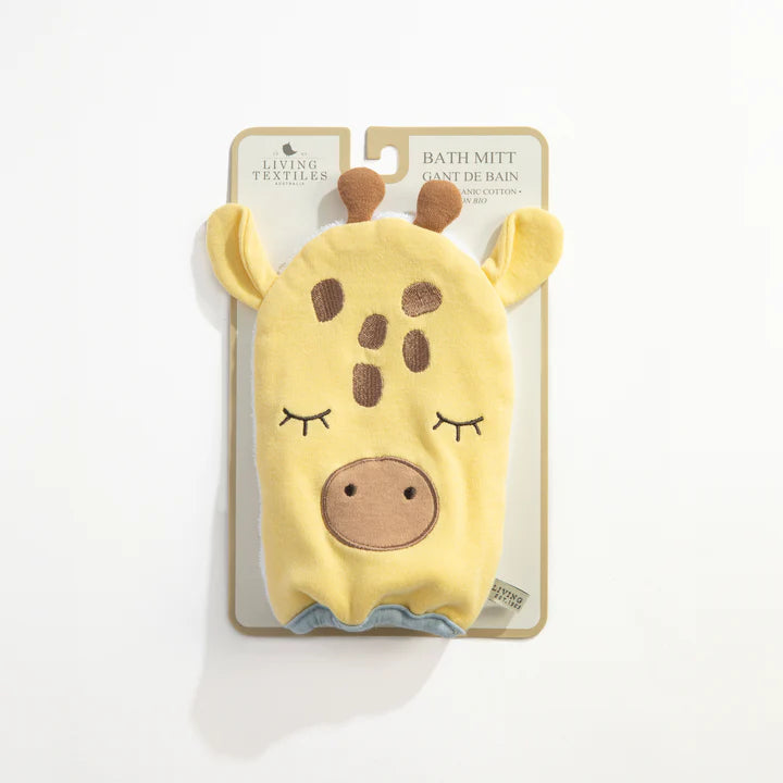Yellow bath mitt with giraffe design on a white background