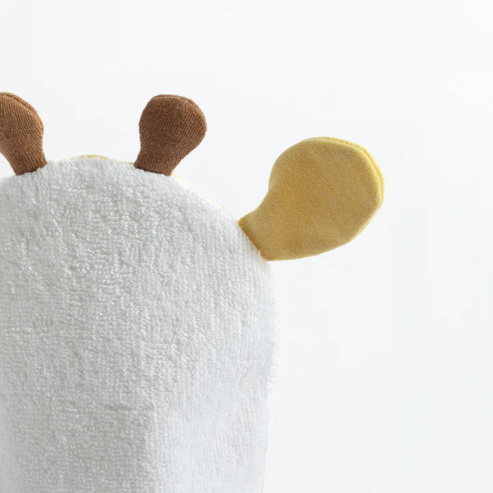 Close-up of a bath mitt with brown ears and yellow snout on a white background