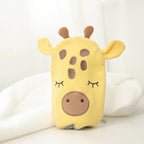 Yellow bath mitt shaped like a giraffe face on a white background
