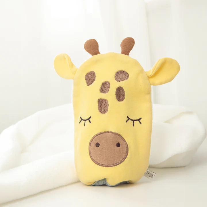 Yellow bath mitt shaped like a giraffe face on a white background