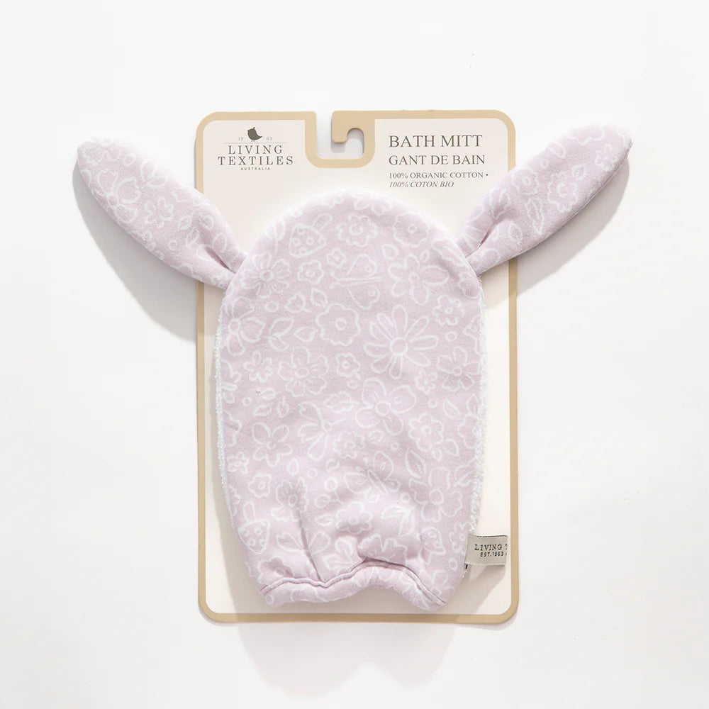 Bath mitt with bunny ears on a white background