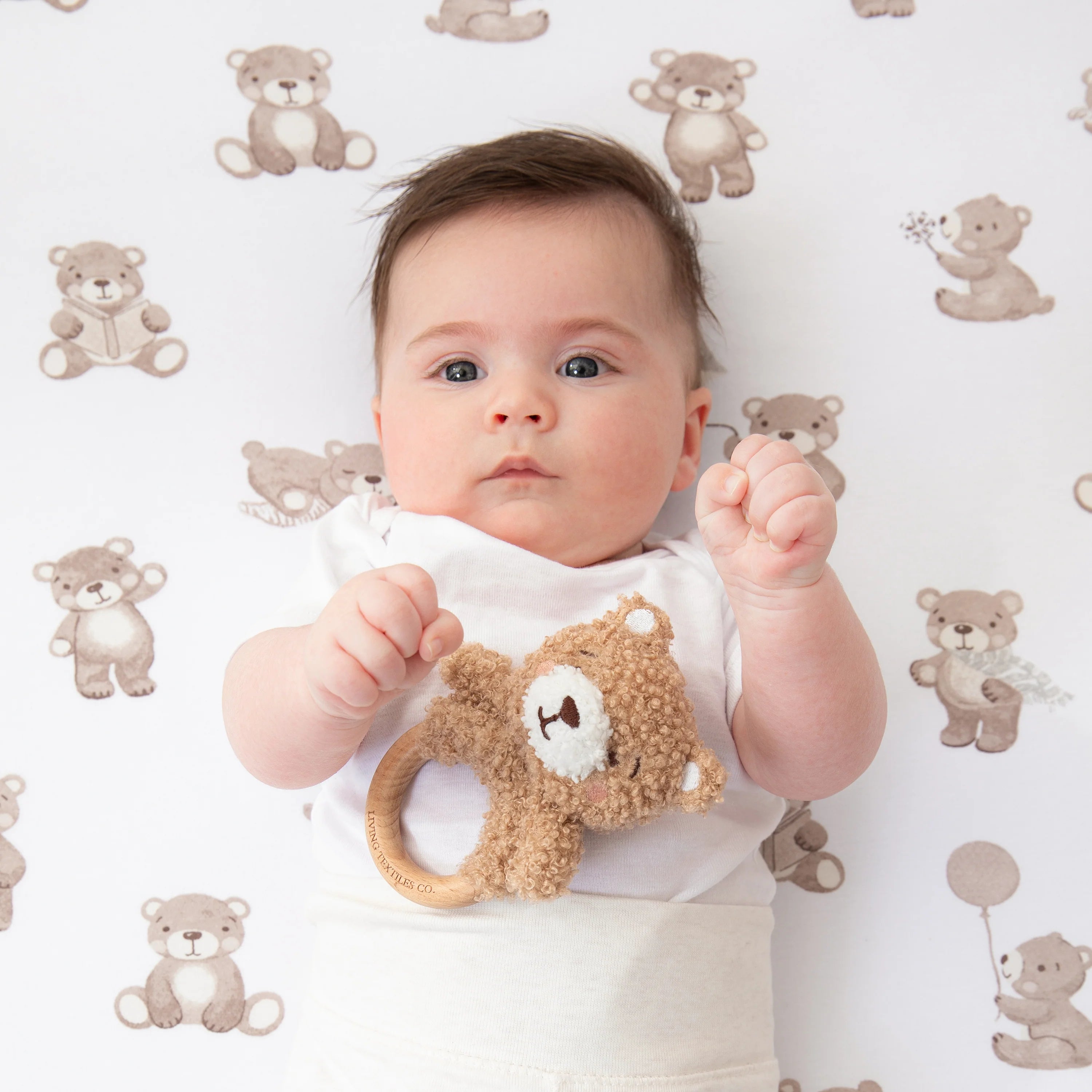 Cuddly Bear Teething Ring Rattle & Dummy Chain Gift Set - Living Textiles