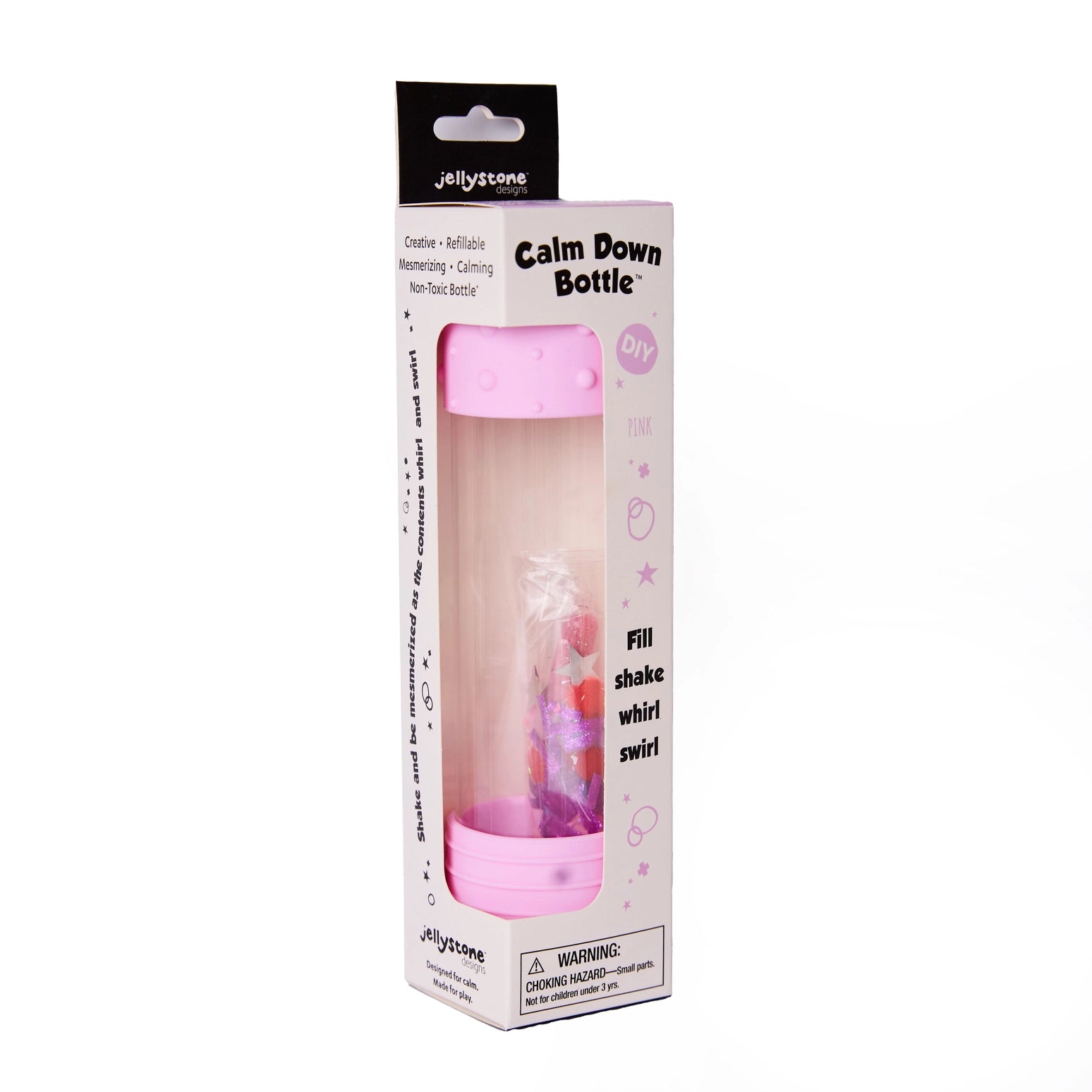 Jellystone Designs DIY Calm Down Bottle in Pink with pink silver and iridescent sensory filling kit
