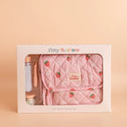 strawberry picnic baby dolls nappy bag in the gift box by the brand tiny harlow with doll food and doll milk bottle