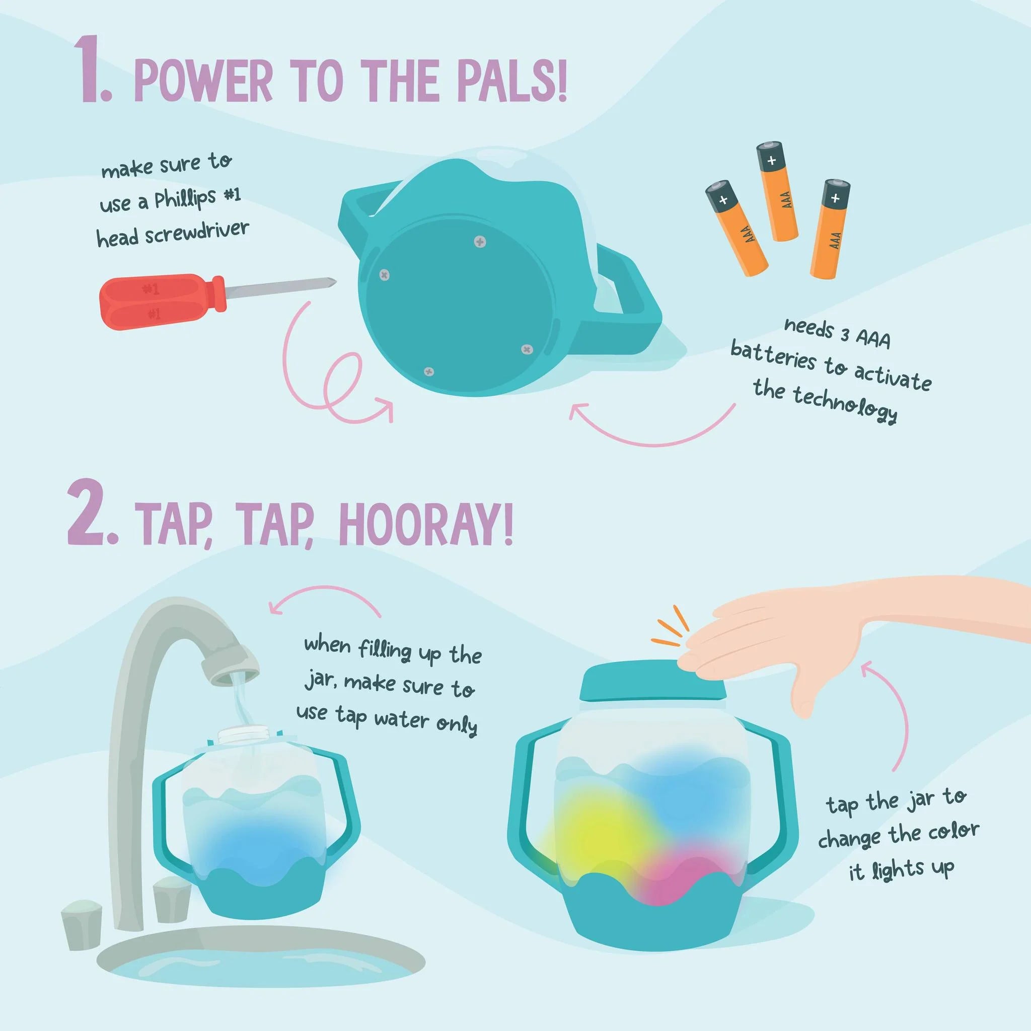 how to power and work the glopals sensory light up jars