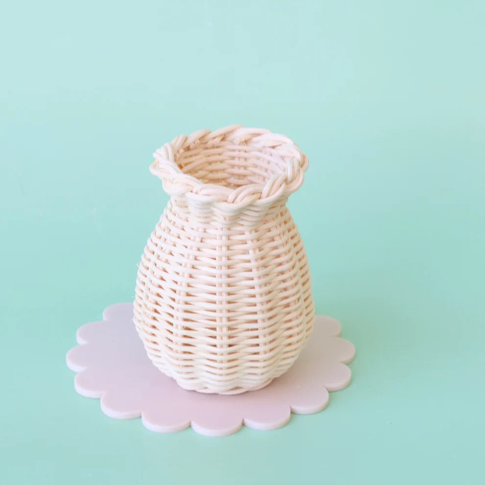White Felt Daisies & Rattan Vase - Juni Moon