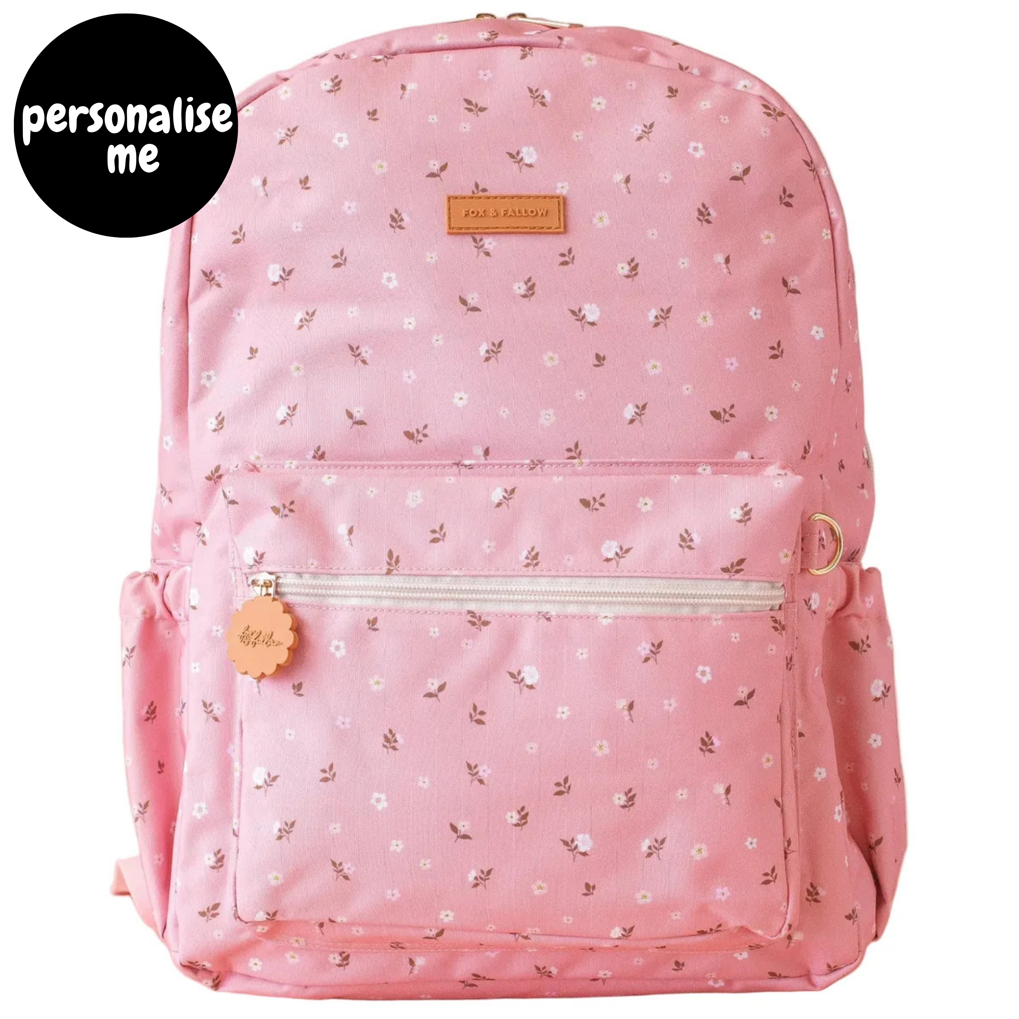 Fox & Fallow backpack for kids, perfect for school, daycare and everyday use. Spacious, practical and designed for little adventures. Personalisation of embroidery with name also available on bags in 2 placements. This print is dusty roses
