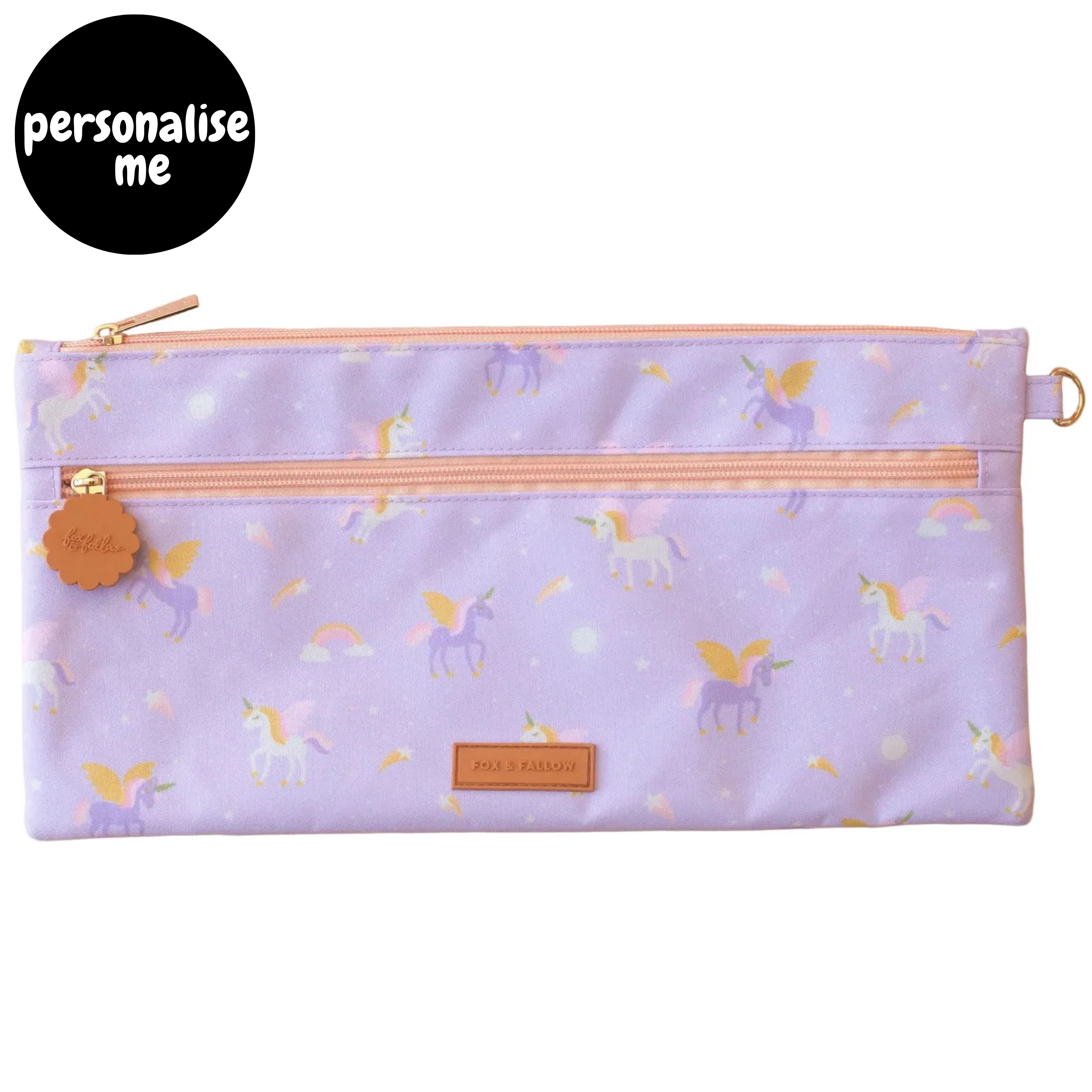Fox & Fallow large pencil case. Spacious, durable and can be personalised with embroidery, perfect for school, highschool and everyday use. Can also get matching backpack and lunch bag. This print is unicorns