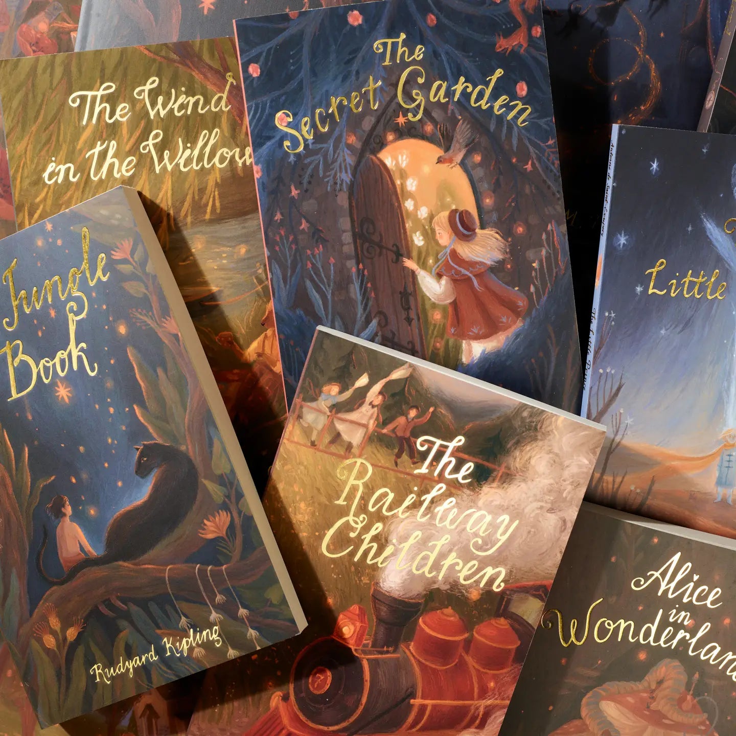 a photo of the wordsworth classic childrens books. featuring the wind in the willows, the jungle book, the railway children, alice in wonderland, the little prince and the secret garden.