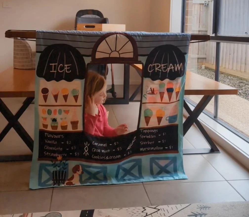 Kids reversible pretend play panel with market stall and ice cream shop theme