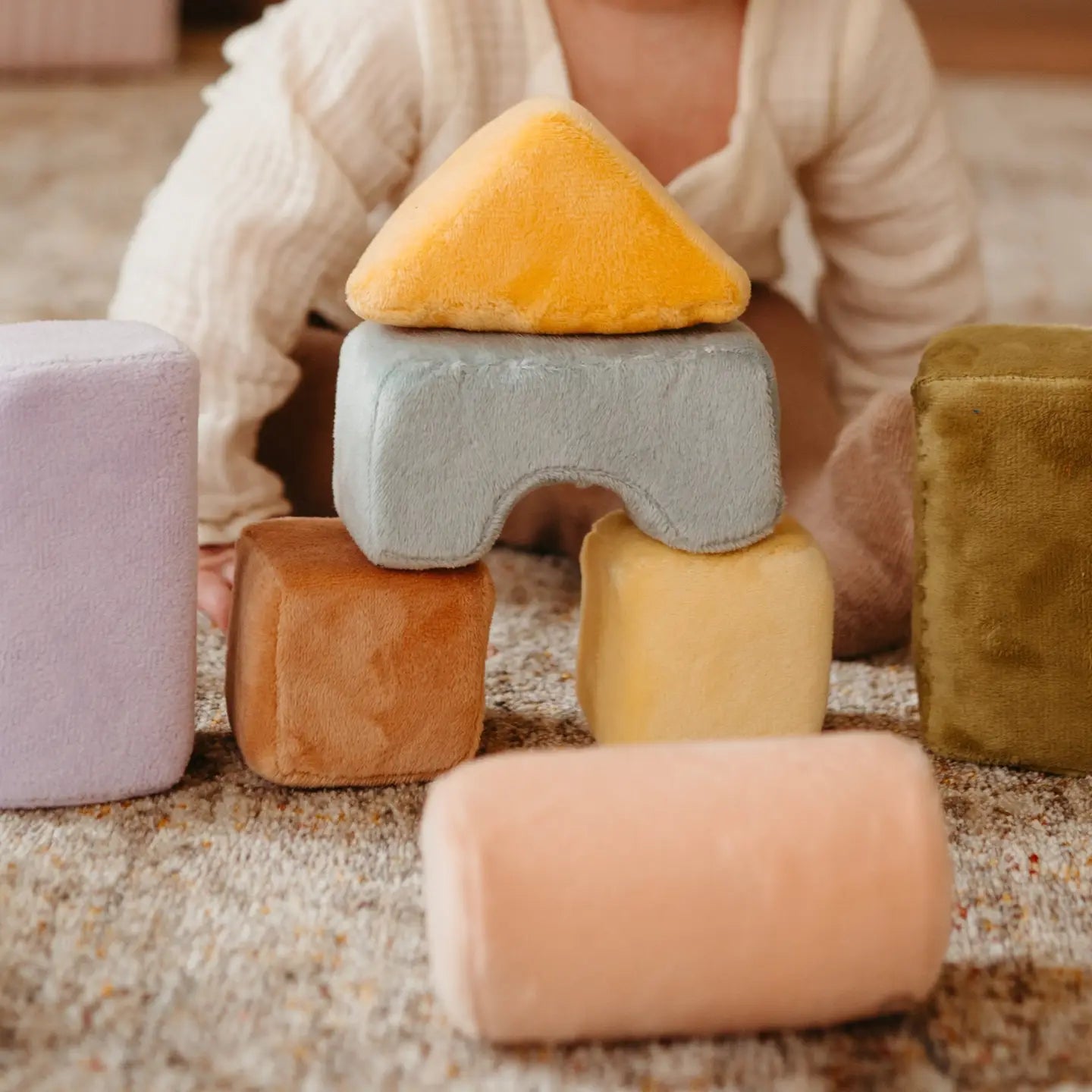 Little Lamb Kind stacking soft blocks set with plush pastel building shapes for babies and toddlers