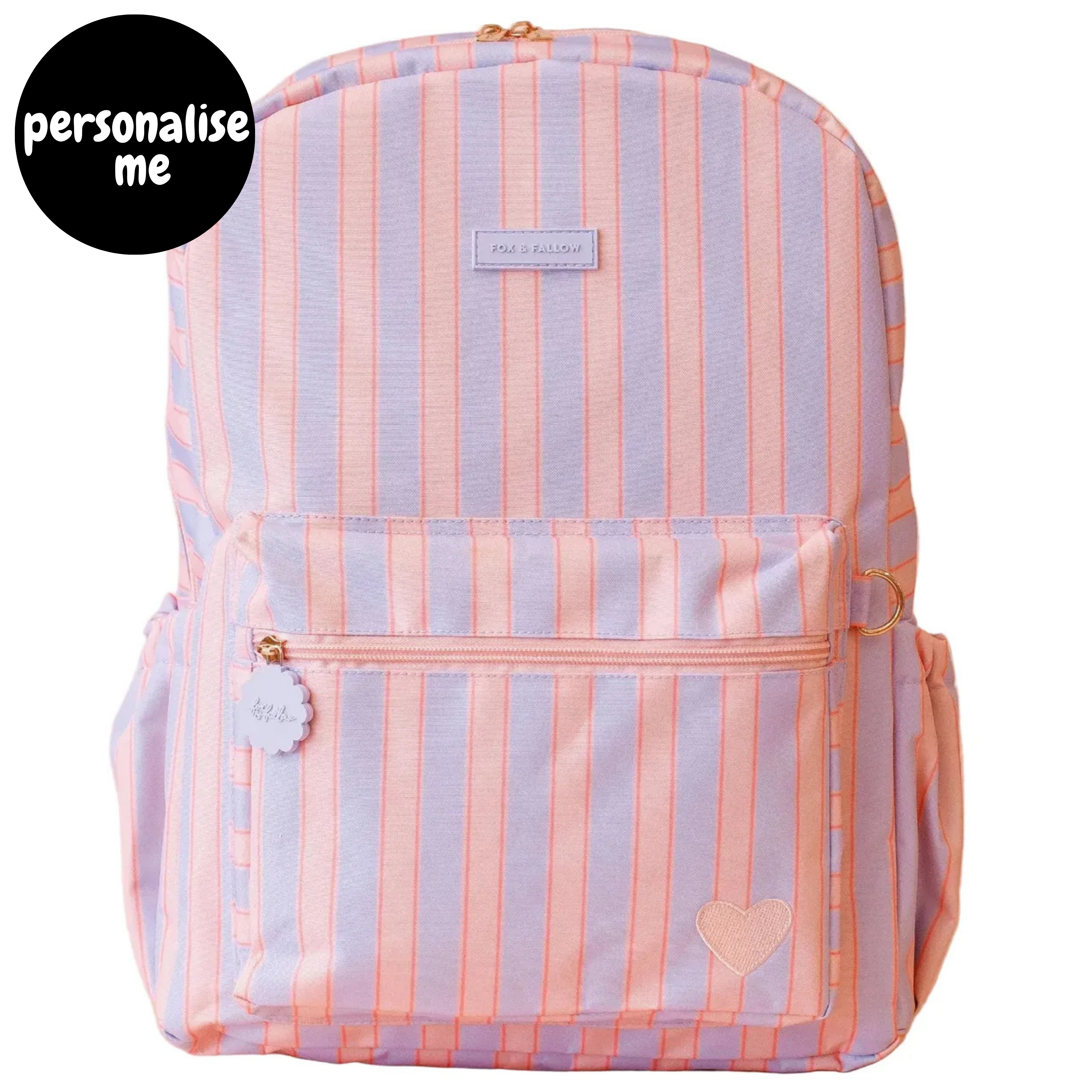 Fox & Fallow backpack for kids, perfect for school, daycare and everyday use. Spacious, practical and designed for little adventures. Personalisation of embroidery with name also available on bags in 2 placements. This print is powder stripe