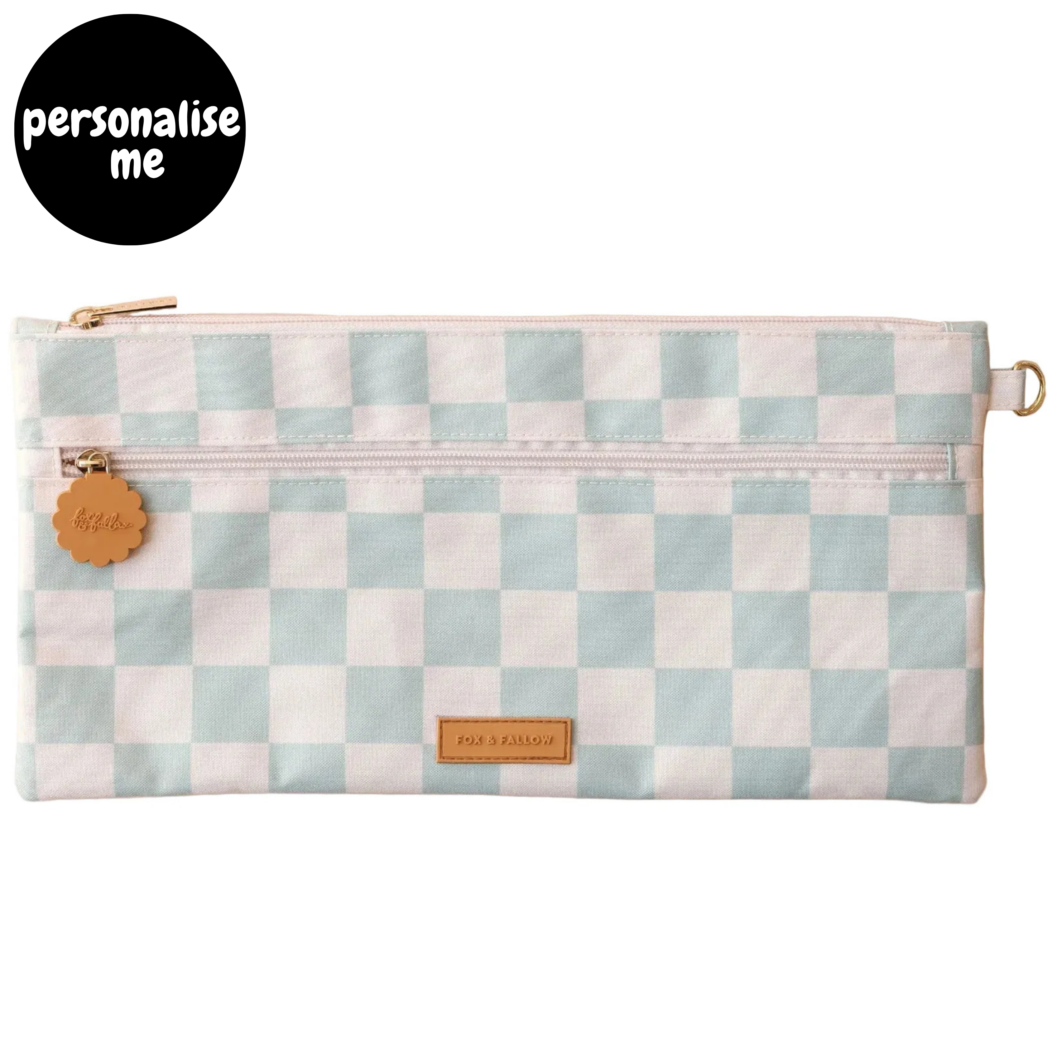 Fox & Fallow large pencil case. Spacious, durable and can be personalised with embroidery, perfect for school, highschool and everyday use. Can also get matching backpack and lunch bag. This print is sage check