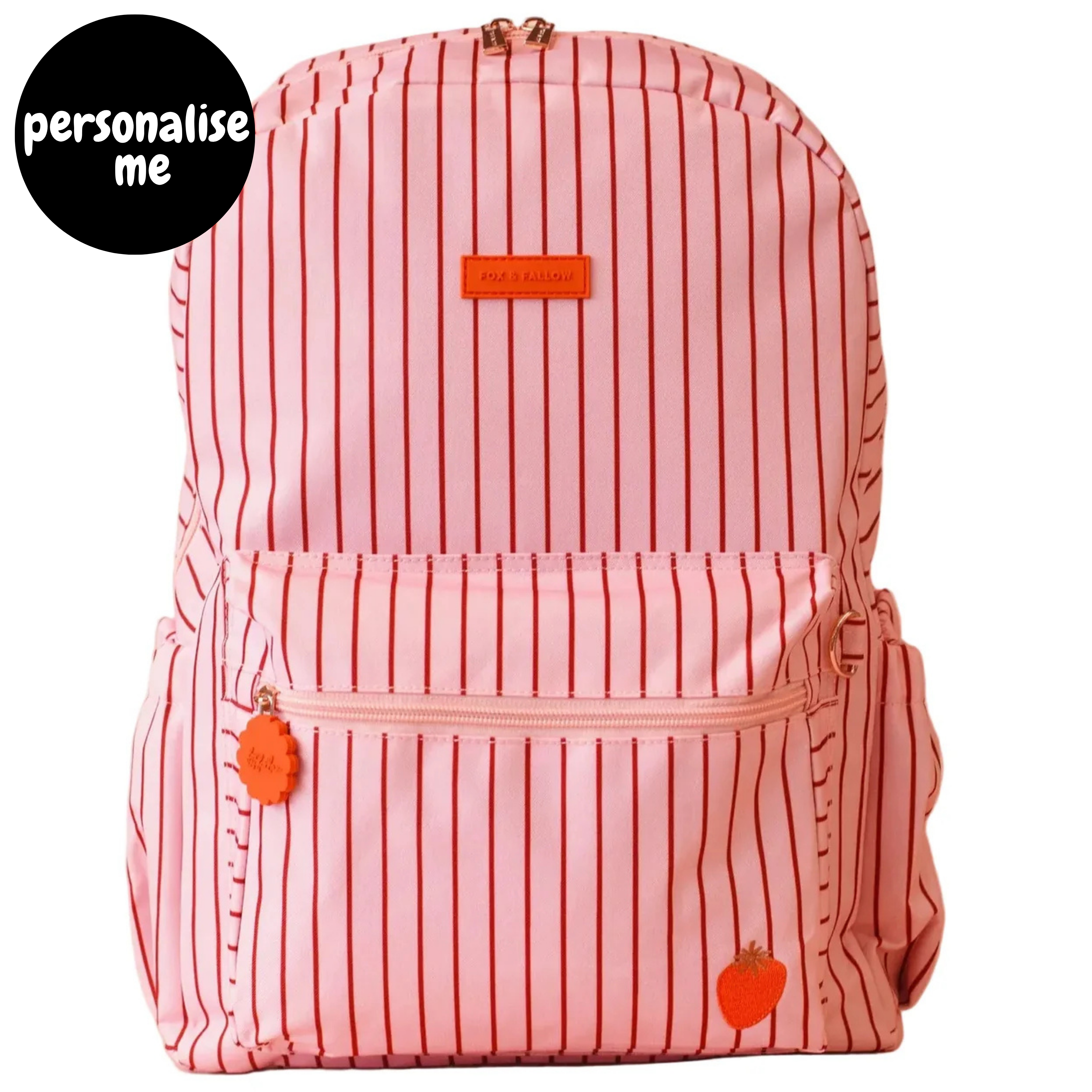 Fox & Fallow backpack for kids, perfect for school, daycare and everyday use. Spacious, practical and designed for little adventures. Personalisation of embroidery with name also available on bags in 2 placements. This print is strawberry stripe
