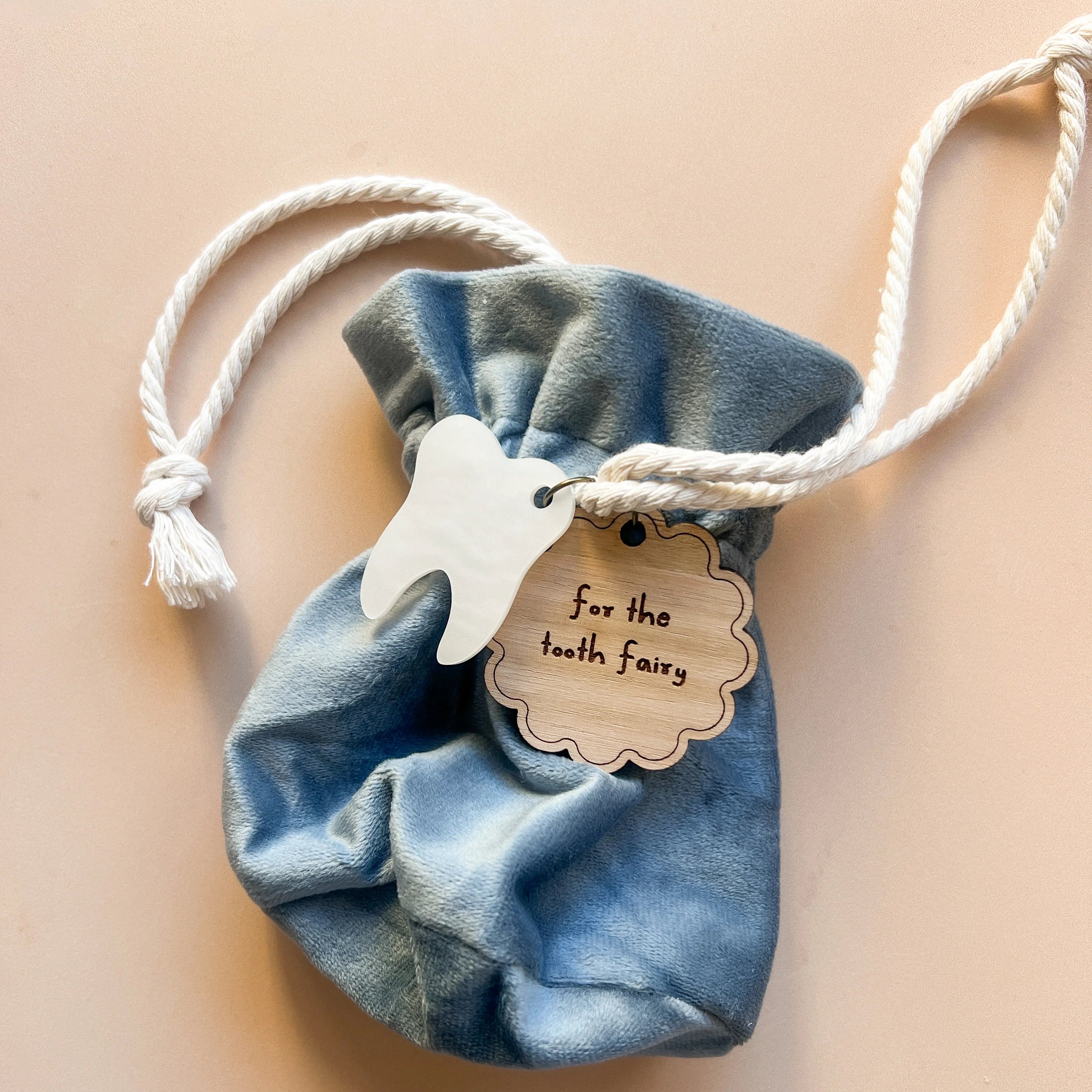 Tooth Fairy Velvet Keepsake Pouch by Little Rabbit Lane with blue velvet drawstring bag wooden tag and tooth charm