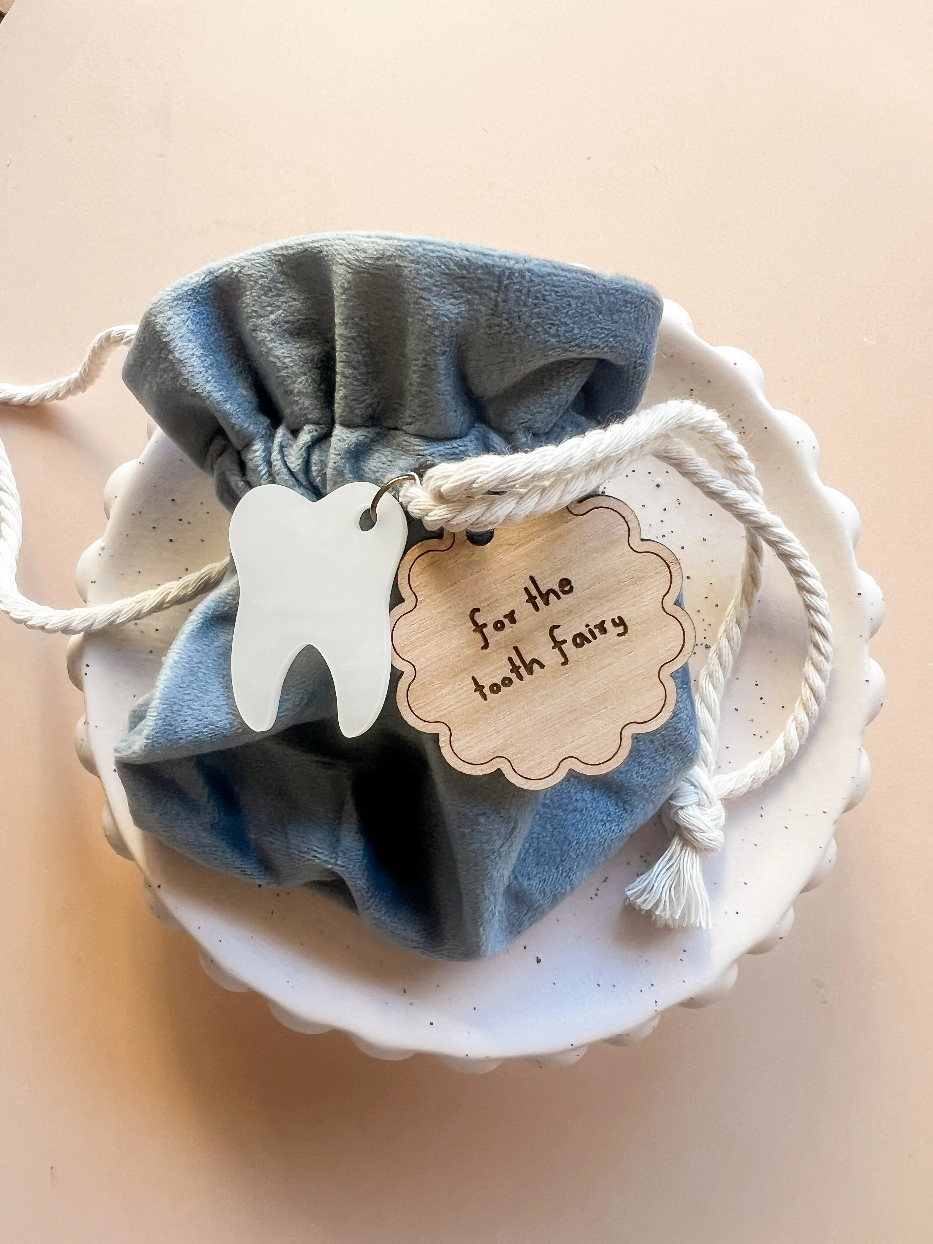 Blue velvet Tooth Fairy pouch for lost teeth by Little Rabbit Lane