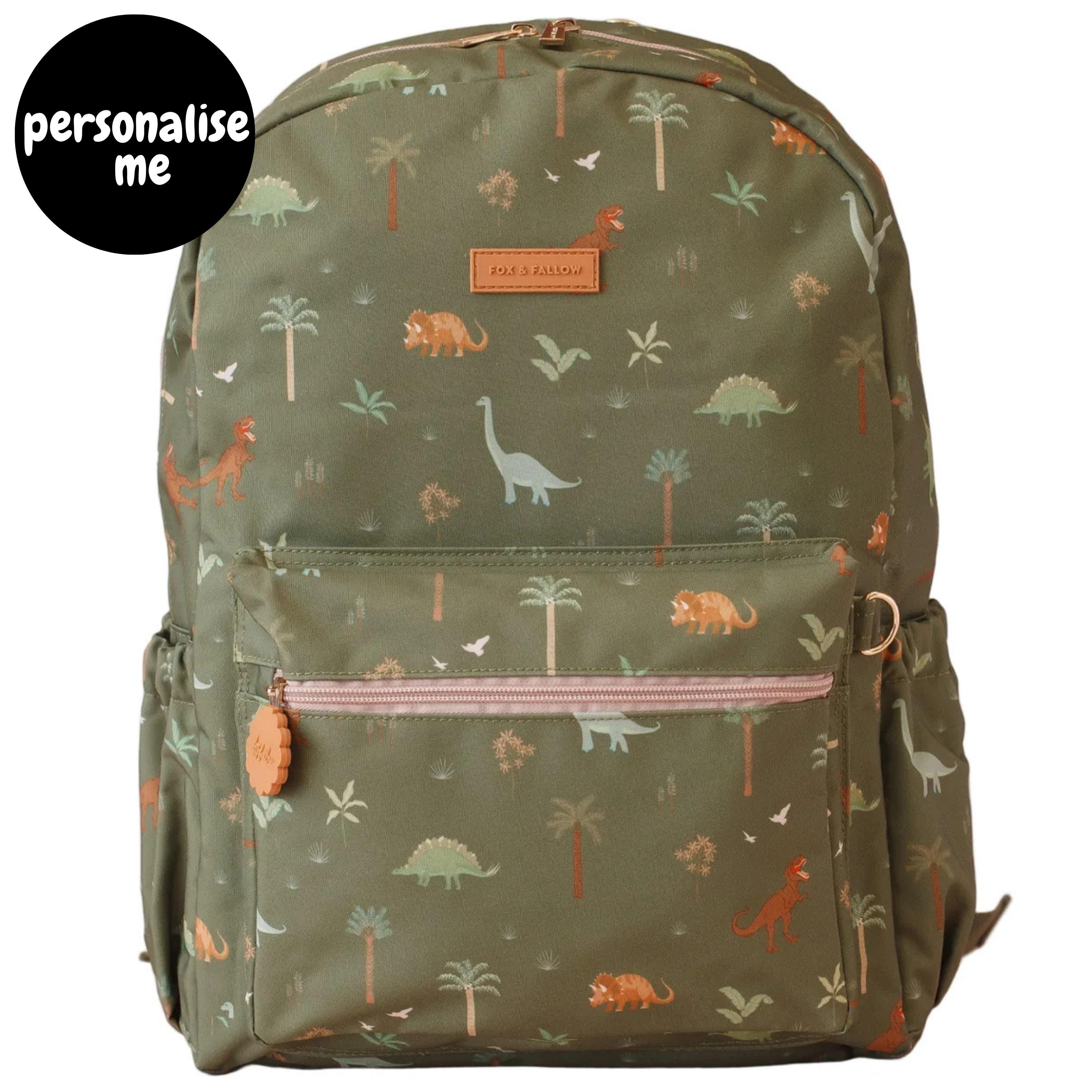 Fox & Fallow backpack for kids, perfect for school, daycare and everyday use. Spacious, practical and designed for little adventures. Personalisation of embroidery with name also available on bags in 2 placements. This print is dinos
