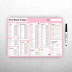 on the fridge By the brand solid steps, these are baby first foods and allergens A3 fridge magnet for staring solids and ticking off first foods tracker. is a whiteboard material and comes with whiteboard marker. The colour is pink