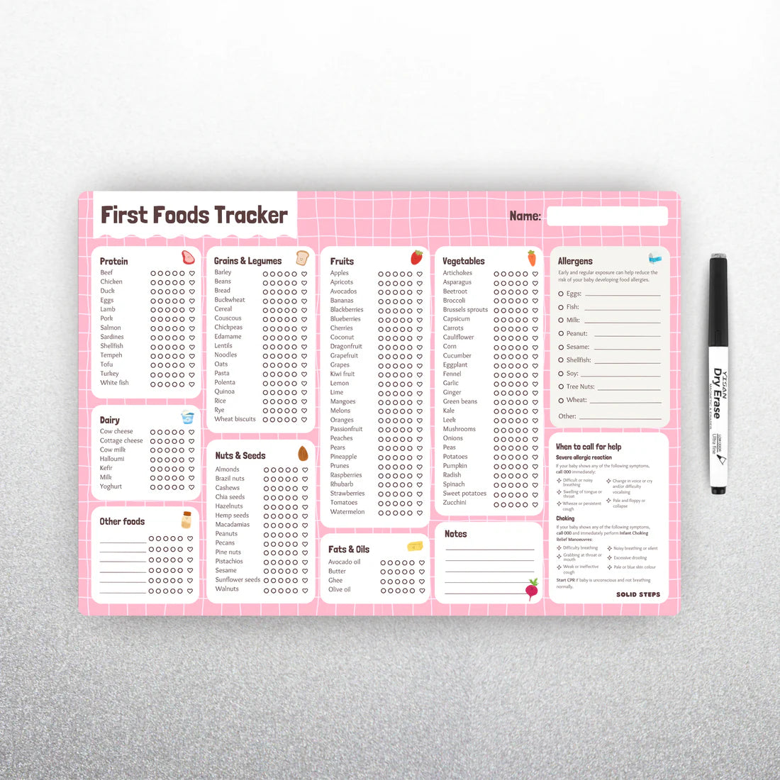 on the fridge By the brand solid steps, these are baby first foods and allergens A3 fridge magnet for staring solids and ticking off first foods tracker. is a whiteboard material and comes with whiteboard marker. The colour is pink