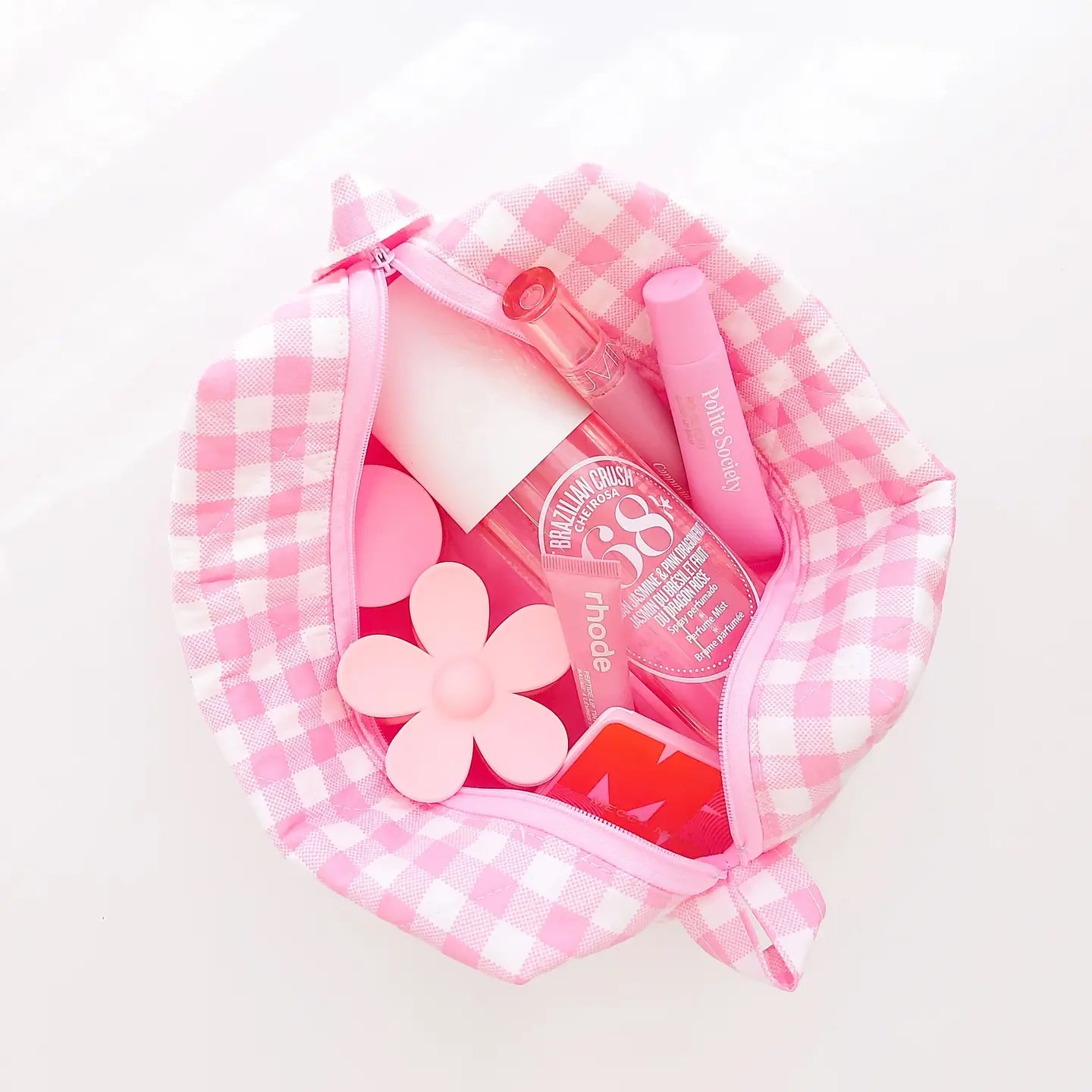 Quilted Makeup Bag | Pink Gingham