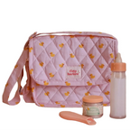 baby doll nurturer kit that is a nappy bag for kids and comes with a milk bottle and doll food for pretend play. the print is pink ducky