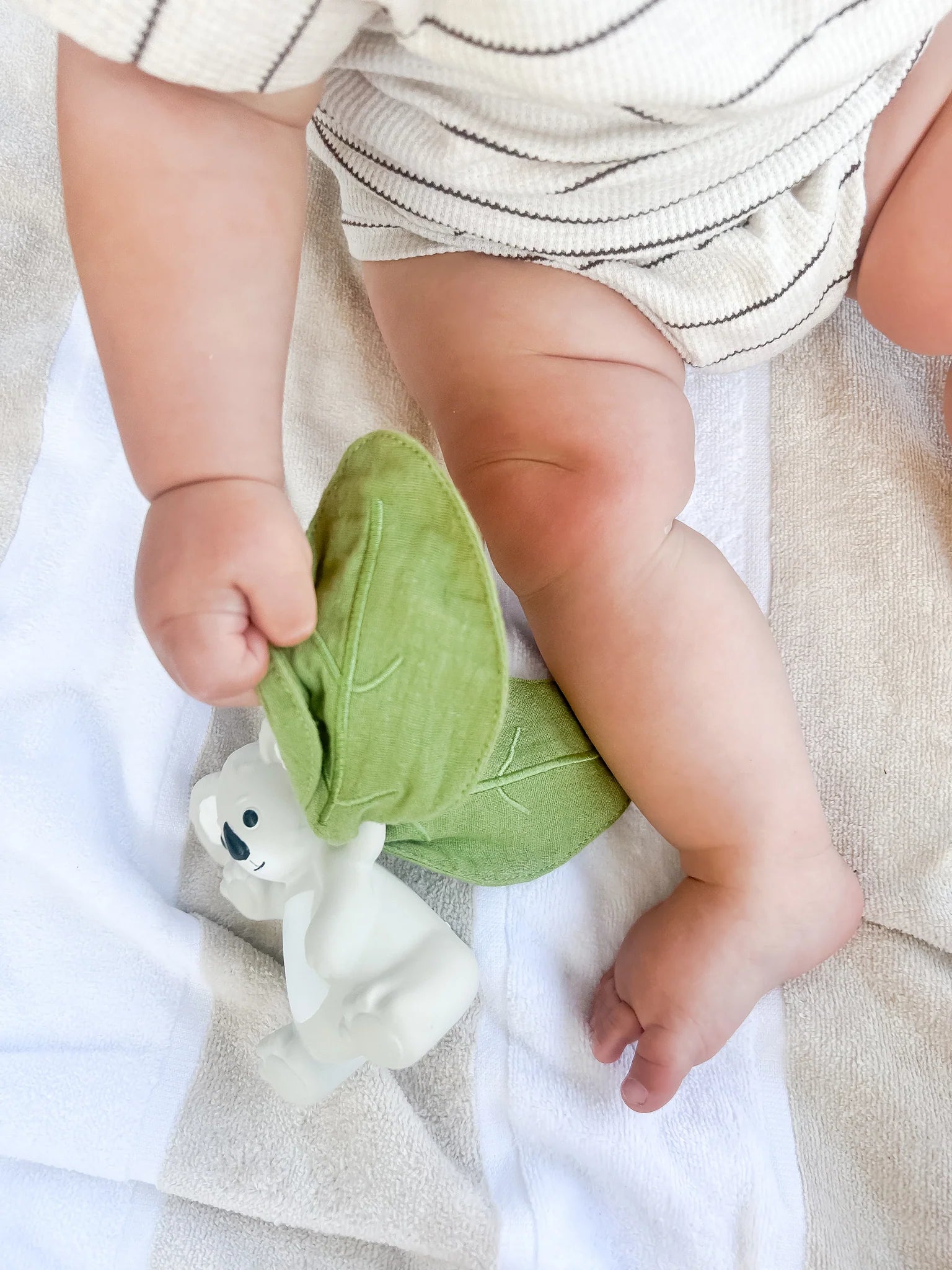 Natural rubber koala baby teether with removable muslin crinkle leaf
