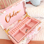 personalised jewellery box with gold name on pink lid