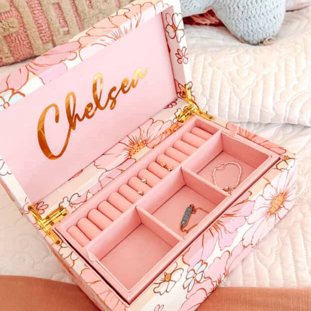 personalised jewellery box with gold name on pink lid