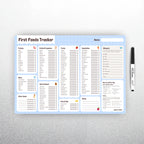 on the fridge. By the brand solid steps, these are baby first foods and allergens A3 fridge magnet for staring solids and ticking off first foods tracker. is a whiteboard material and comes with whiteboard marker. The colour is blue