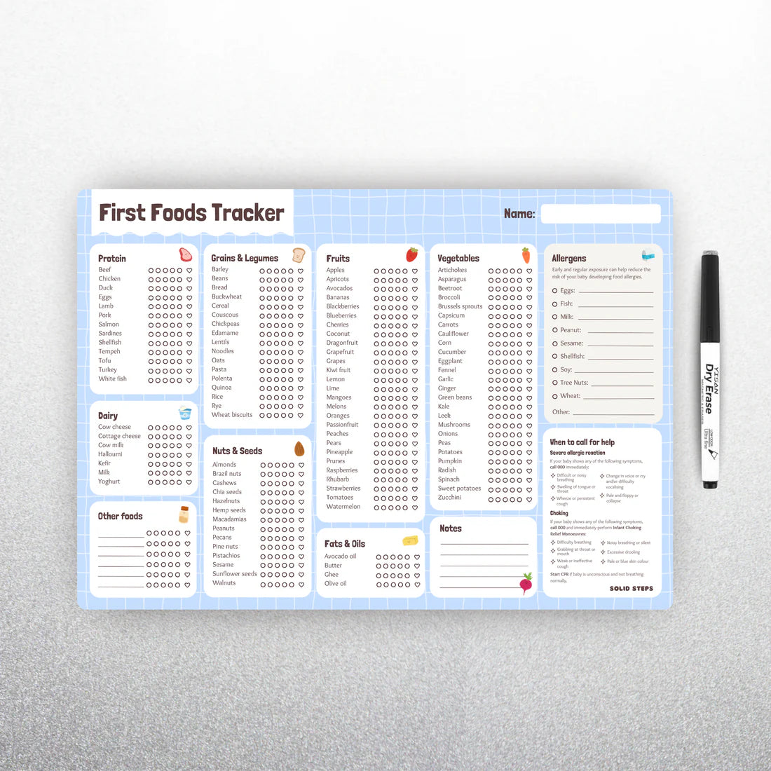 on the fridge. By the brand solid steps, these are baby first foods and allergens A3 fridge magnet for staring solids and ticking off first foods tracker. is a whiteboard material and comes with whiteboard marker. The colour is blue