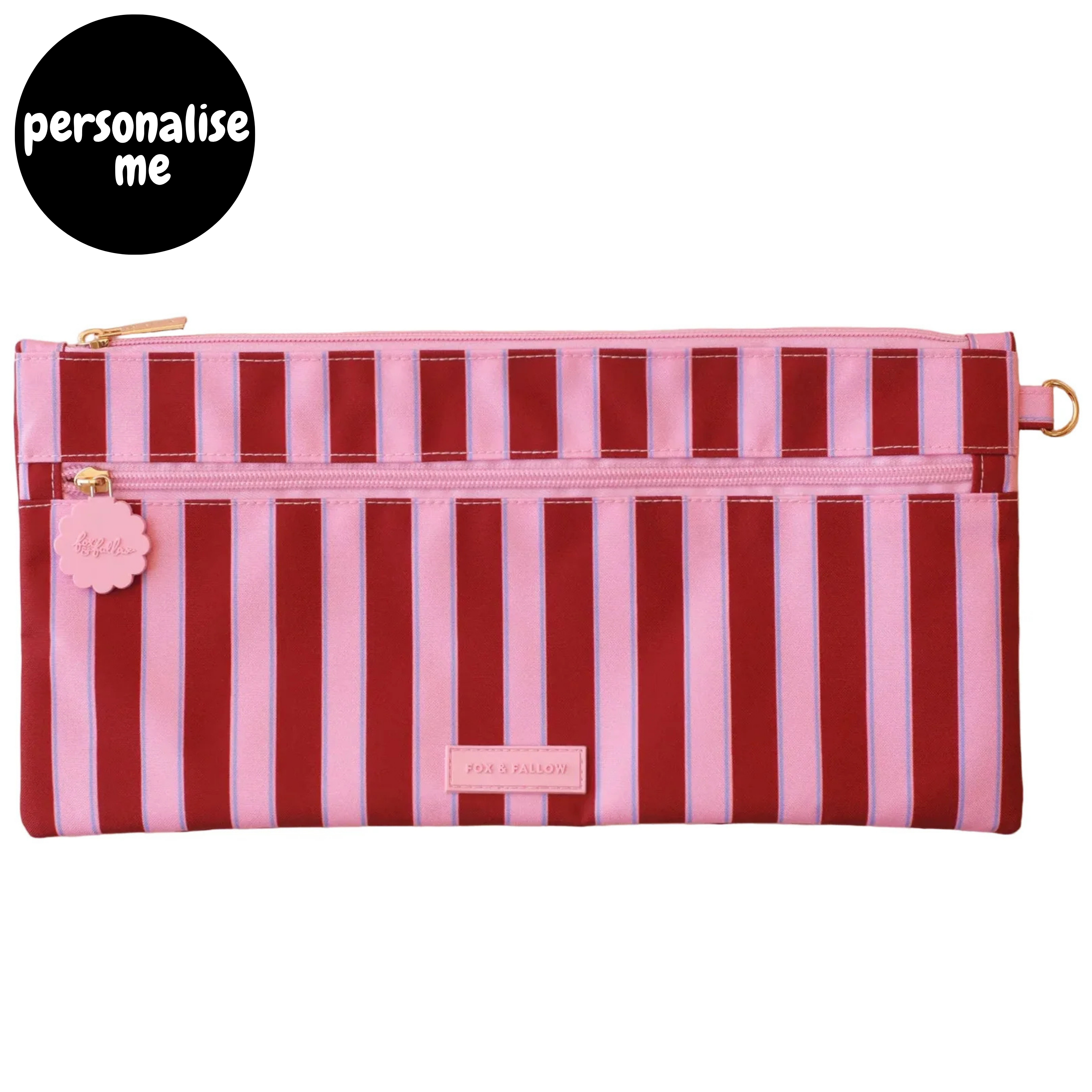 Fox & Fallow large pencil case. Spacious, durable and can be personalised with embroidery, perfect for school, highschool and everyday use. Can also get matching backpack and lunch bag. This print is burgundy stripe
