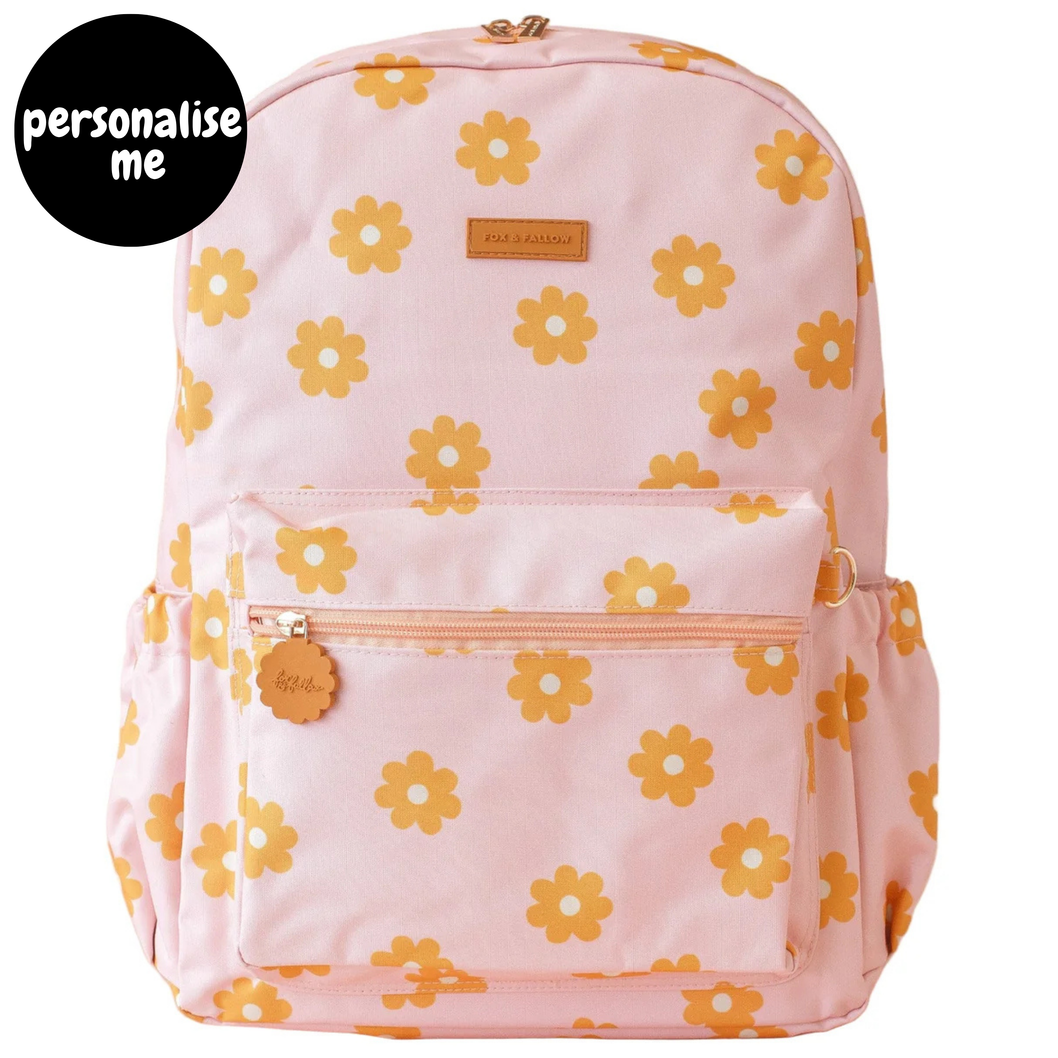 Fox & Fallow backpack for kids, perfect for school, daycare and everyday use. Spacious, practical and designed for little adventures. Personalisation of embroidery with name also available on bags in 2 placements. This print is daisy chain
